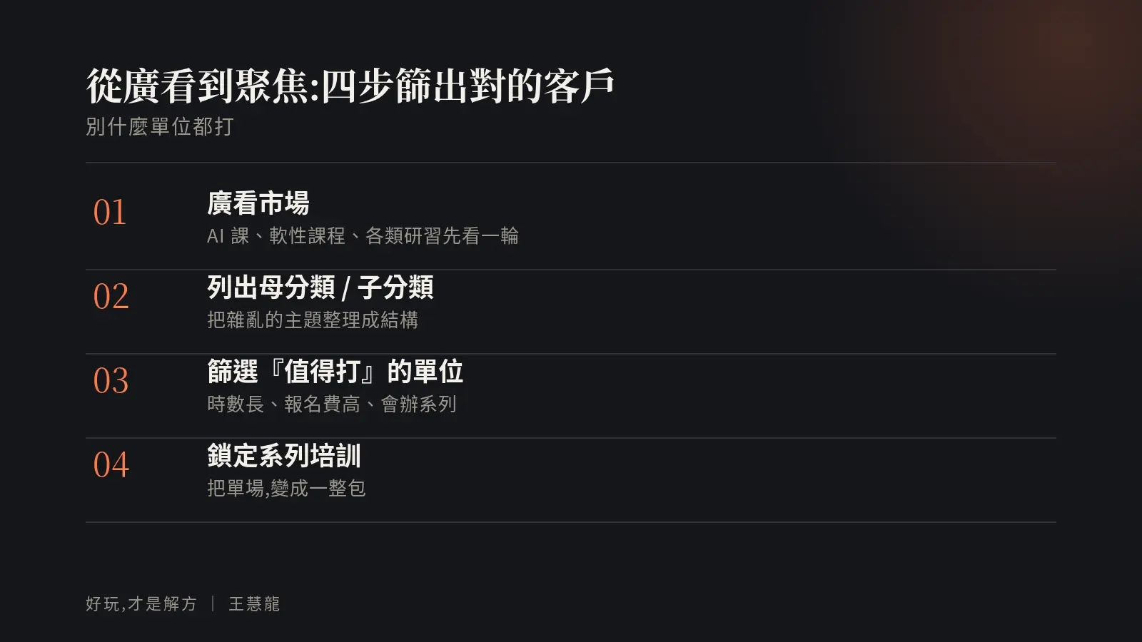 從廣看到聚焦的四步:廣看市場、列出母子分類、篩選值得打的單位、鎖定系列培訓
