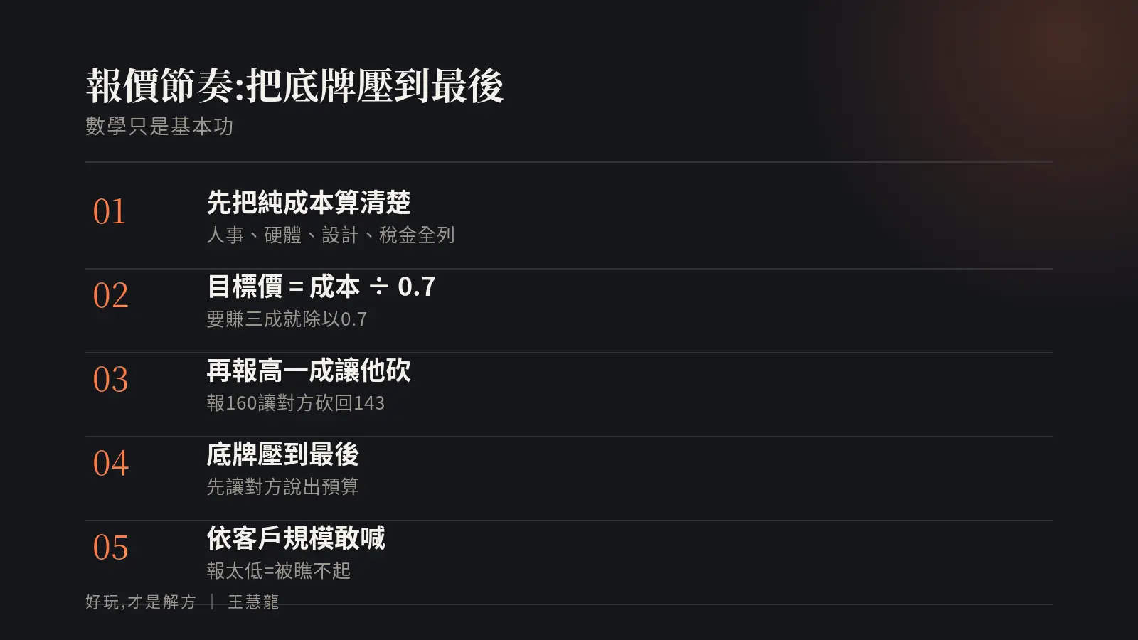 報價節奏五步:先算純成本、目標價等於成本除0.7、報高一成讓砍、底牌壓到最後先讓對方說預算、依規模敢喊