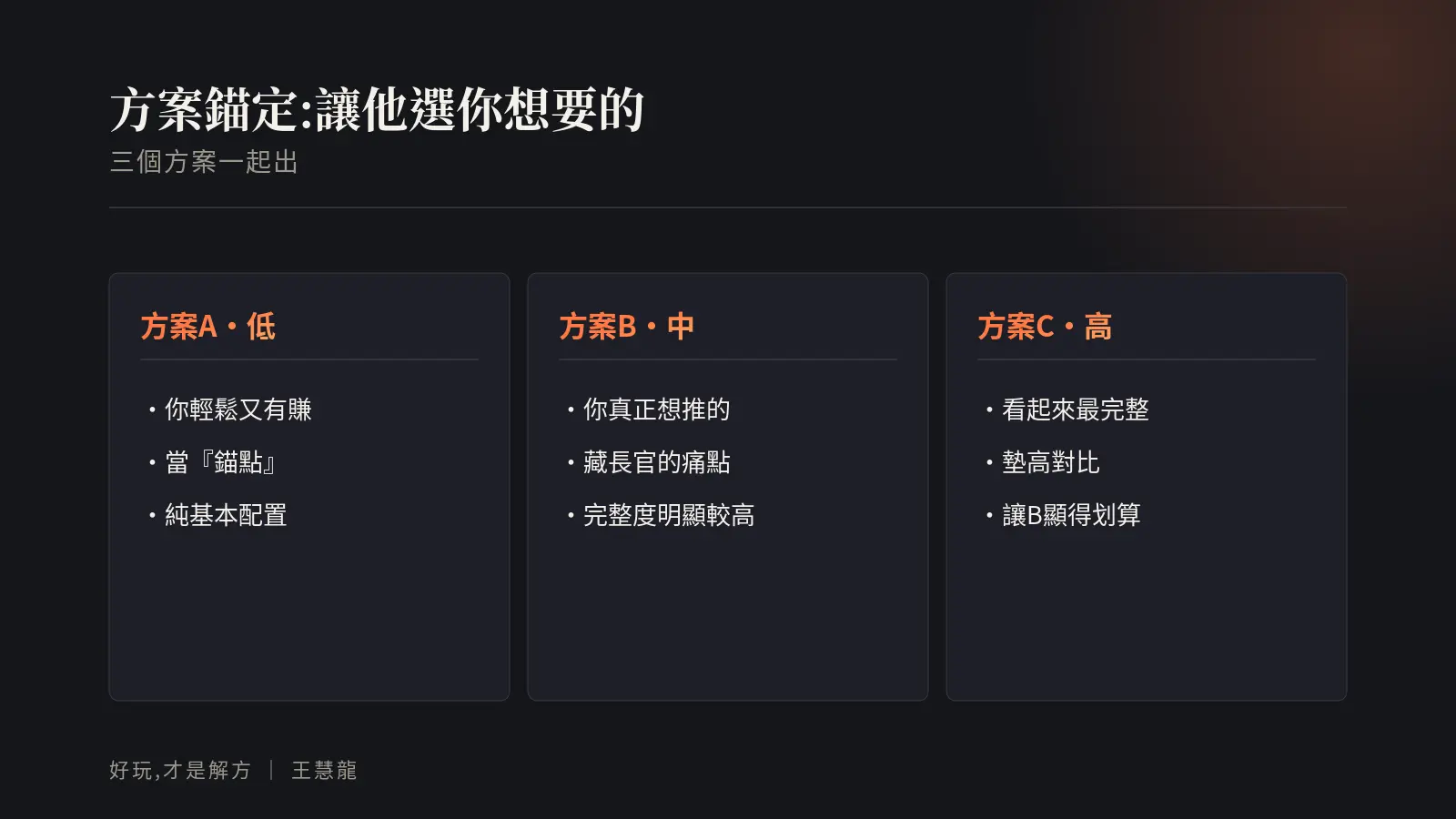 方案錨定:用低中高三個方案,讓對方在你的框架裡選你真正想推的中間方案