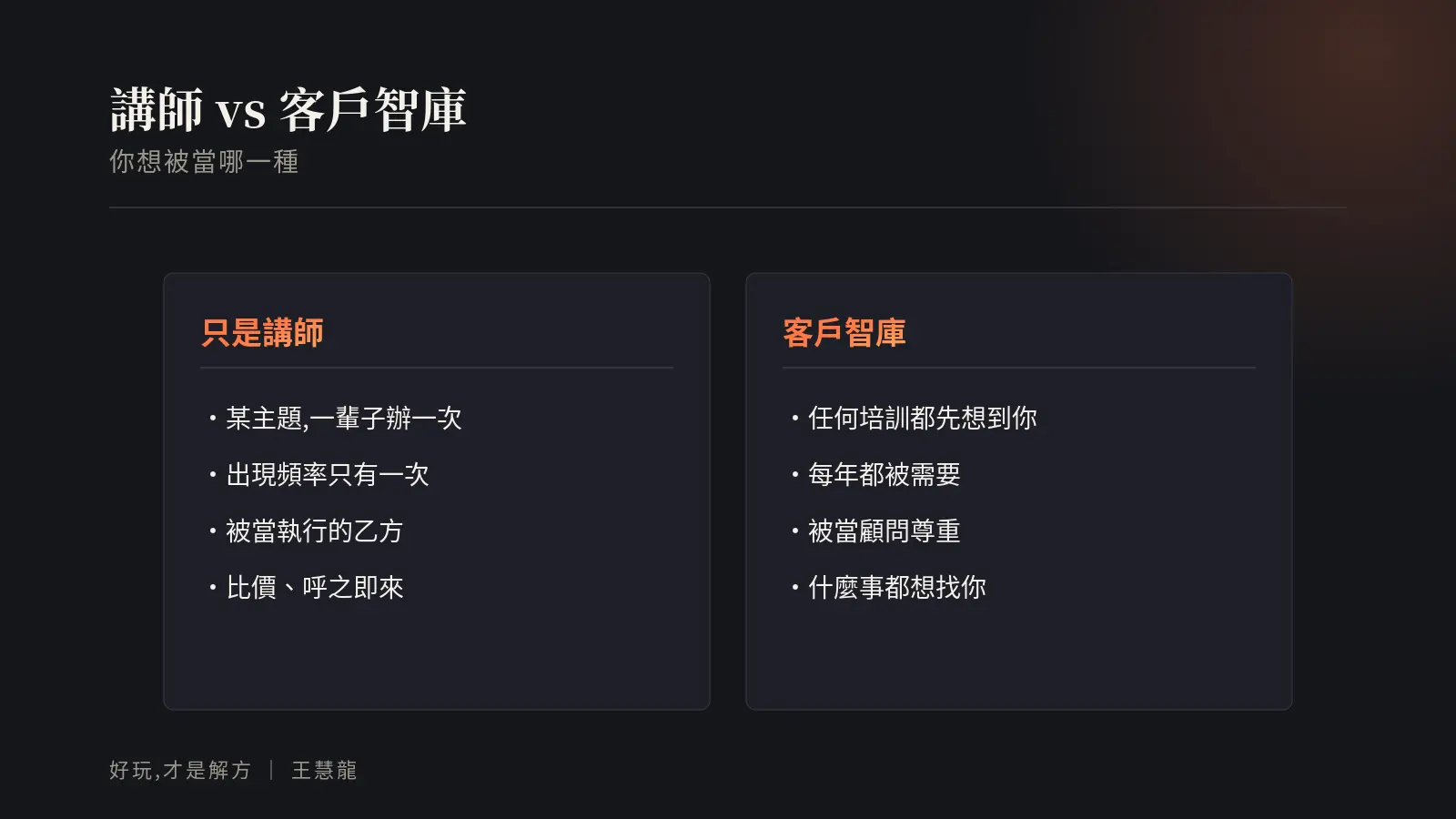 講師與客戶智庫的定位比較:只是講師會被當乙方比價;客戶智庫每年被需要、被當顧問尊重