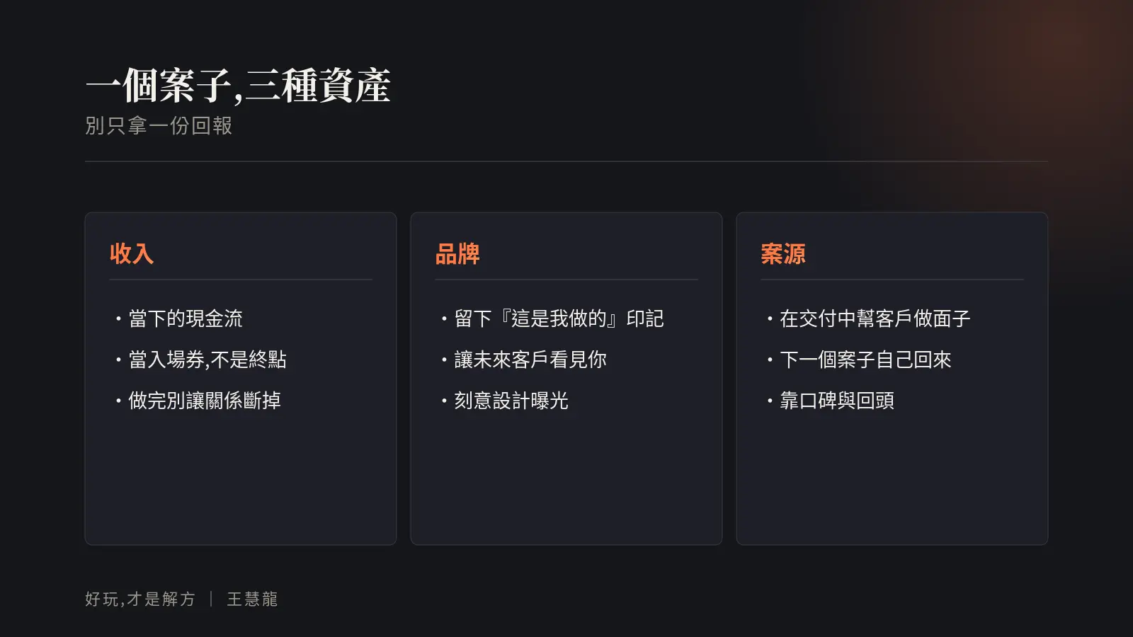 一個案子的三種資產:收入(當下現金流)、品牌(留下這是我做的印記)、案源(在交付中幫客戶做面子)