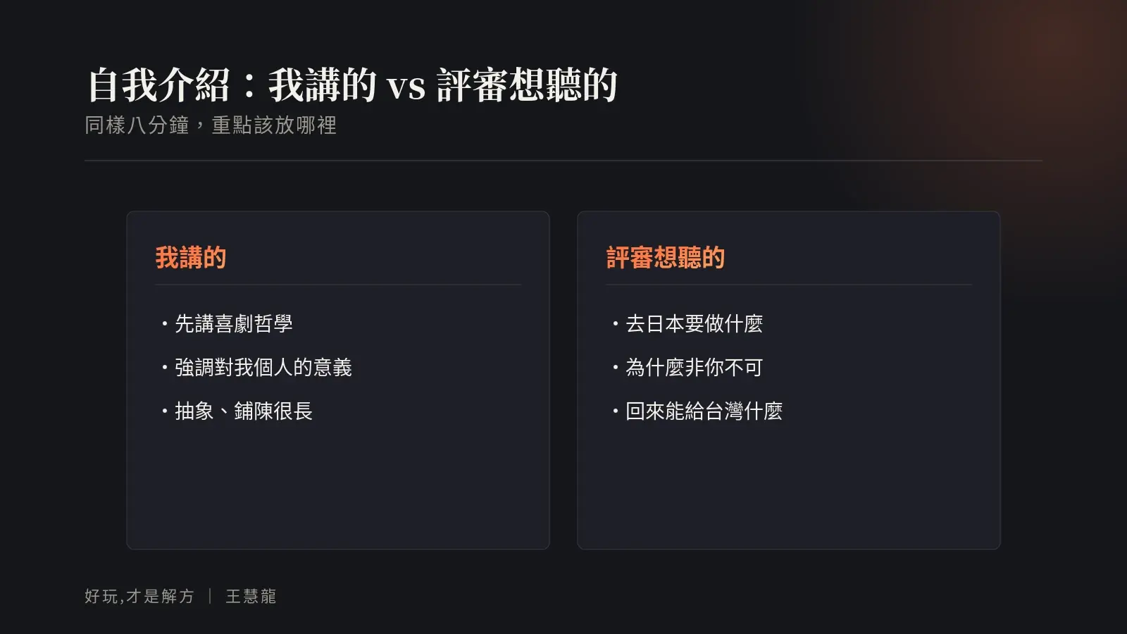 自我介紹我講的與評審想聽的對照:我先講喜劇哲學與個人意義,評審想聽去日本做什麼、為什麼非你不可、回來給台灣什麼