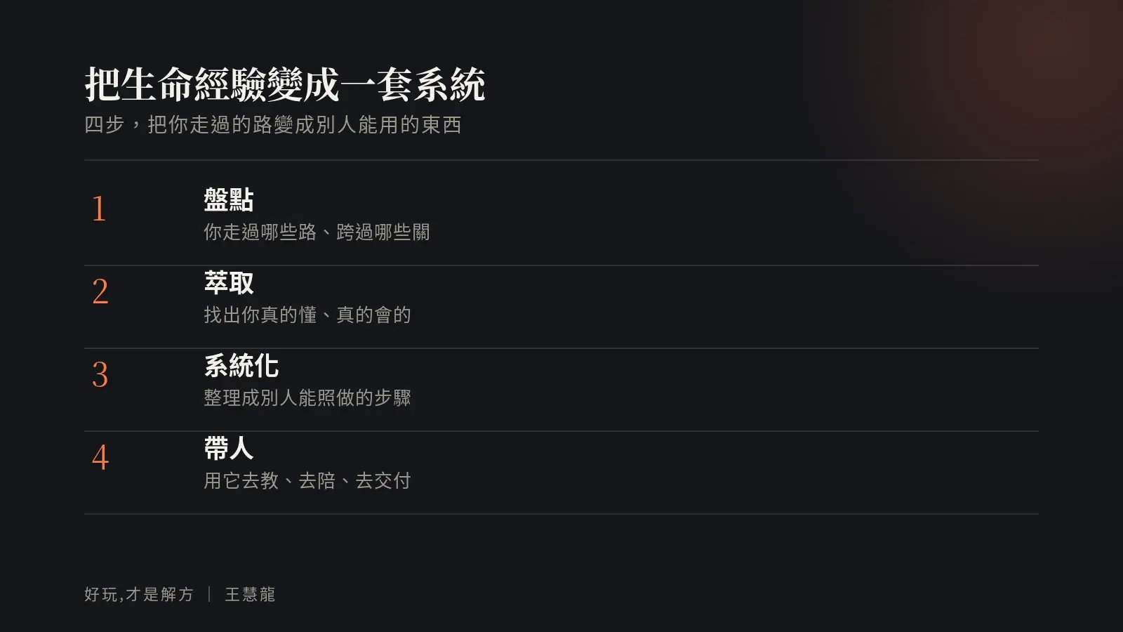 把生命經驗變成系統的四步：盤點你走過的路、萃取你真的懂的、系統化成別人能照做的步驟、用它去帶人