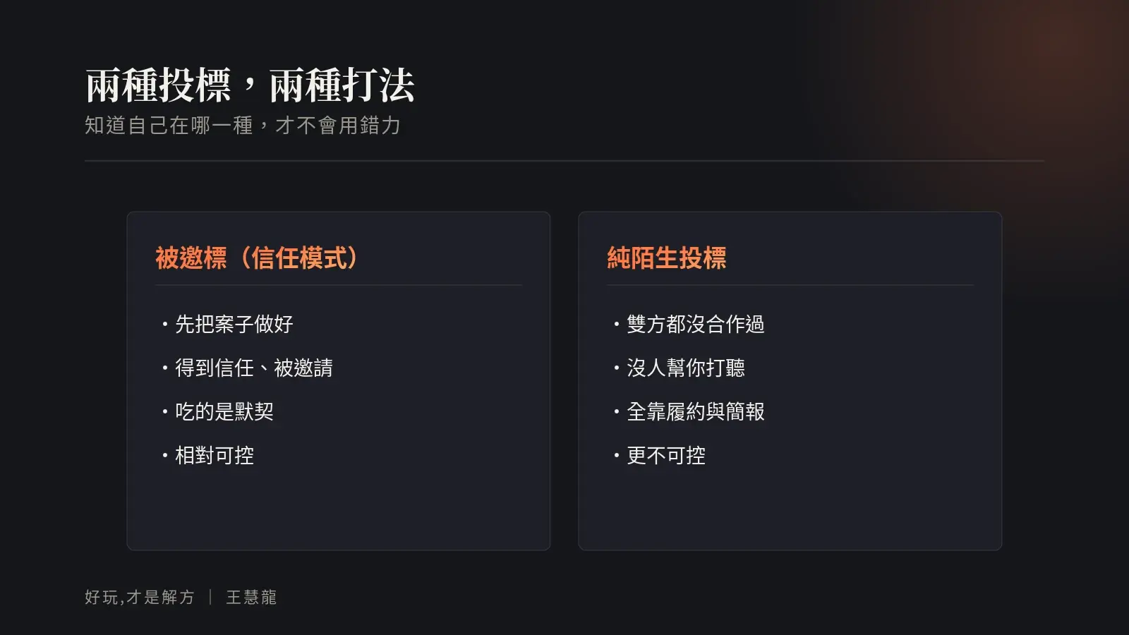 兩種投標的對照:被邀標的信任模式相對可控,純陌生投標更不可控
