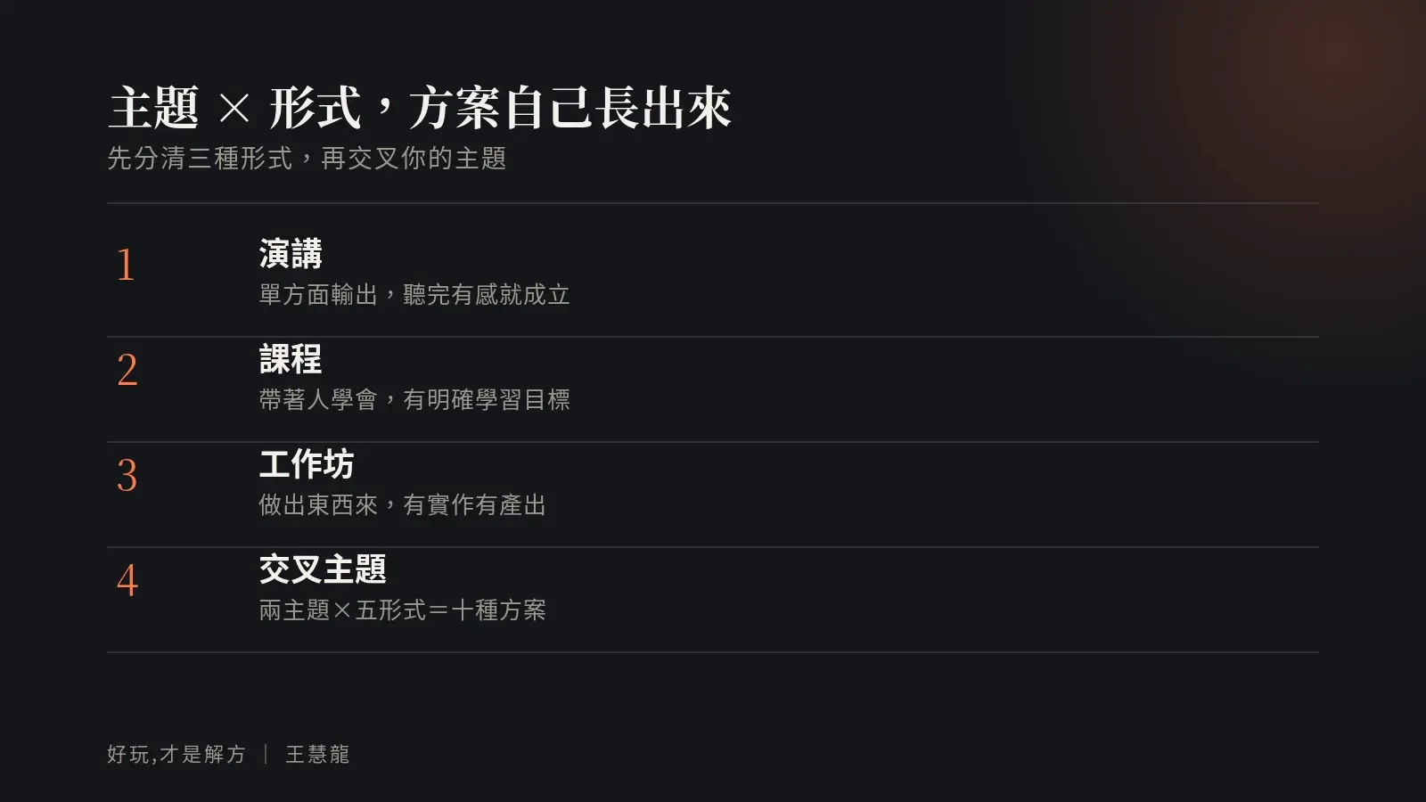 主題乘以形式的服務矩陣：演講、課程、工作坊三種形式交叉主題，方案自己長出來