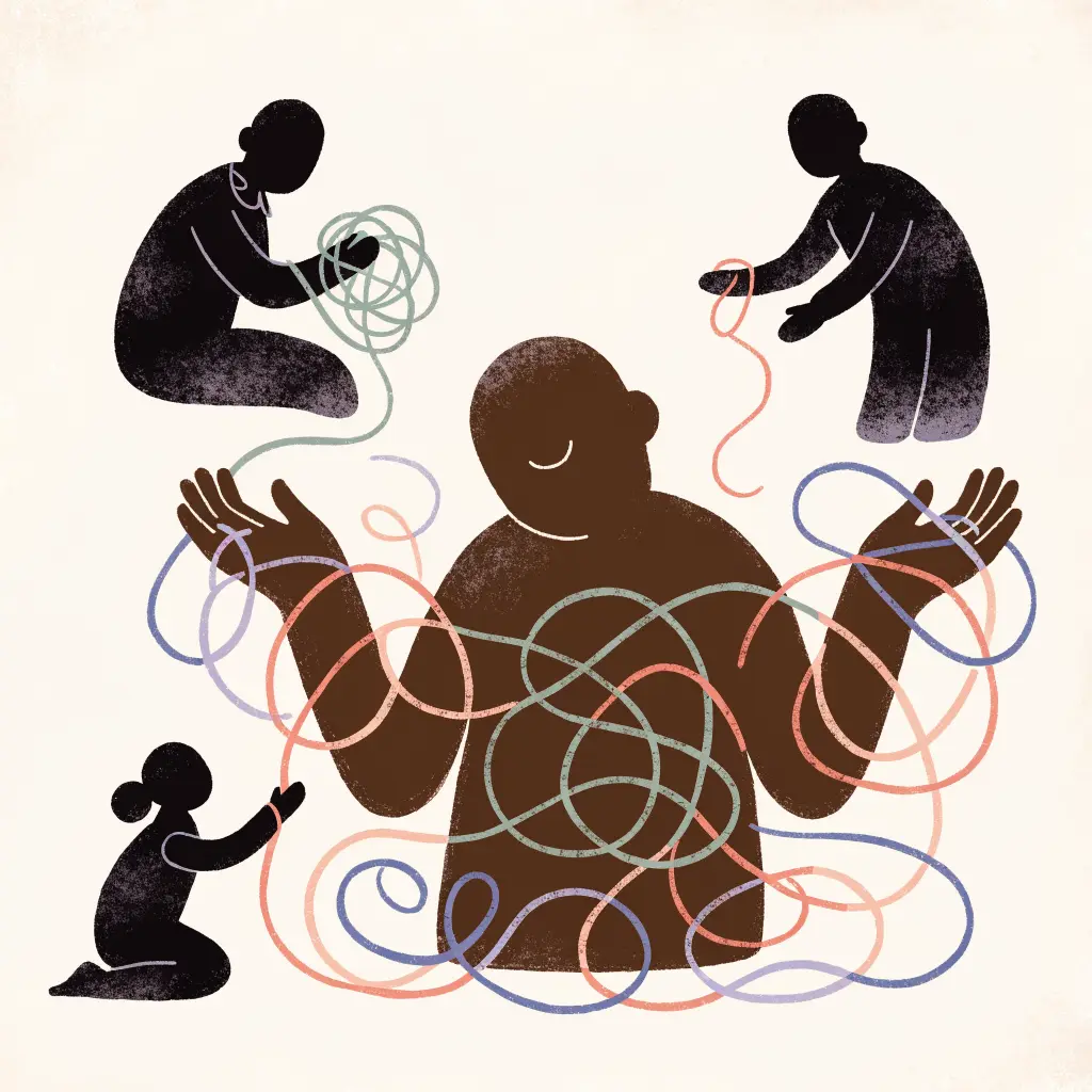 溫柔插畫：一個疲憊的大人張開雙手，接住身邊的人遞來的糾結情緒線團