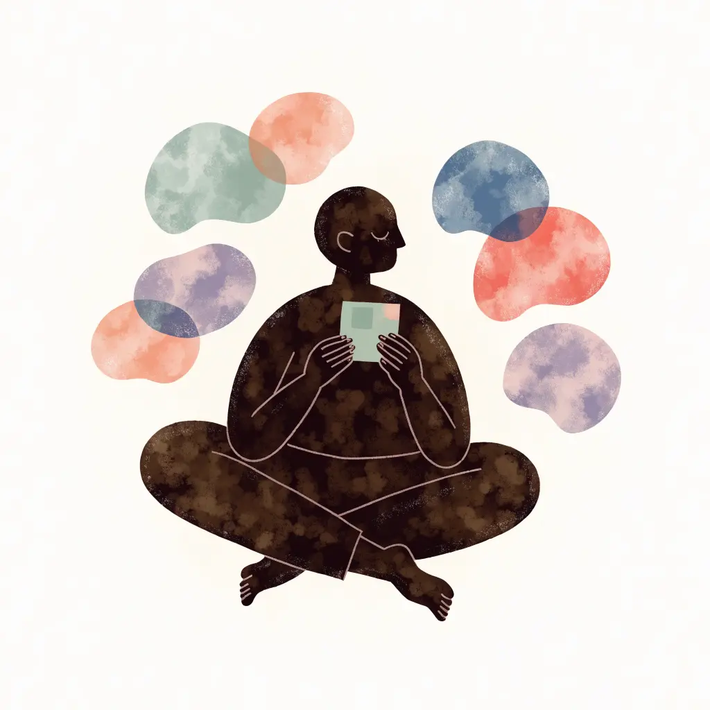 溫柔插畫：一個人盤腿靜坐捧著卡片，身旁漂浮著柔軟的粉彩色塊，自我療癒的Me Time