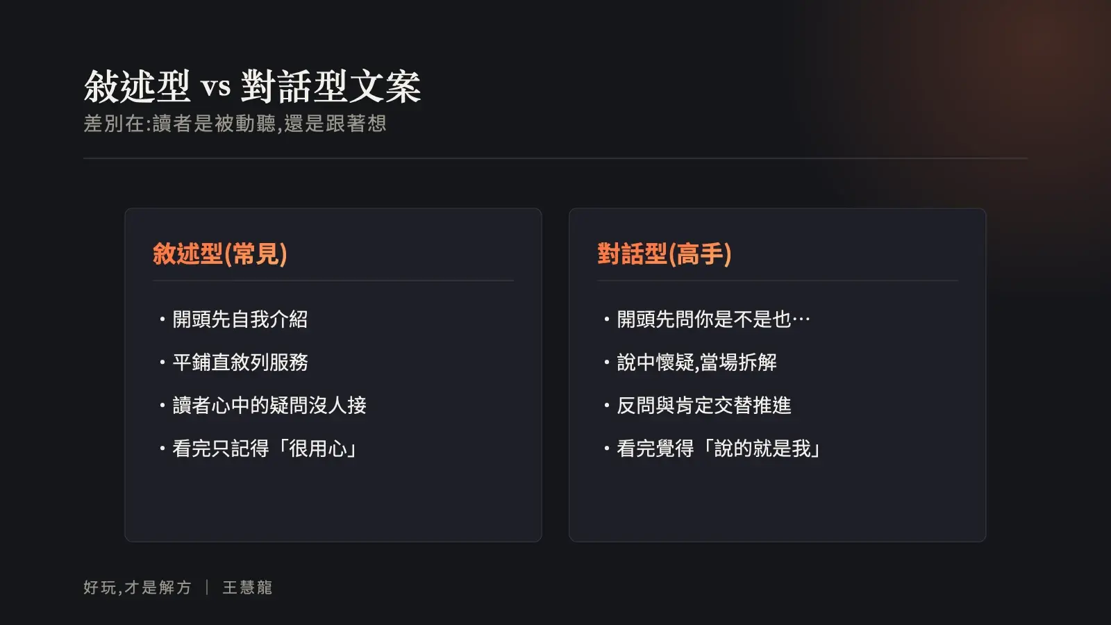 敘述型與對話型文案對照圖:差別在讀者是被動聽還是跟著想