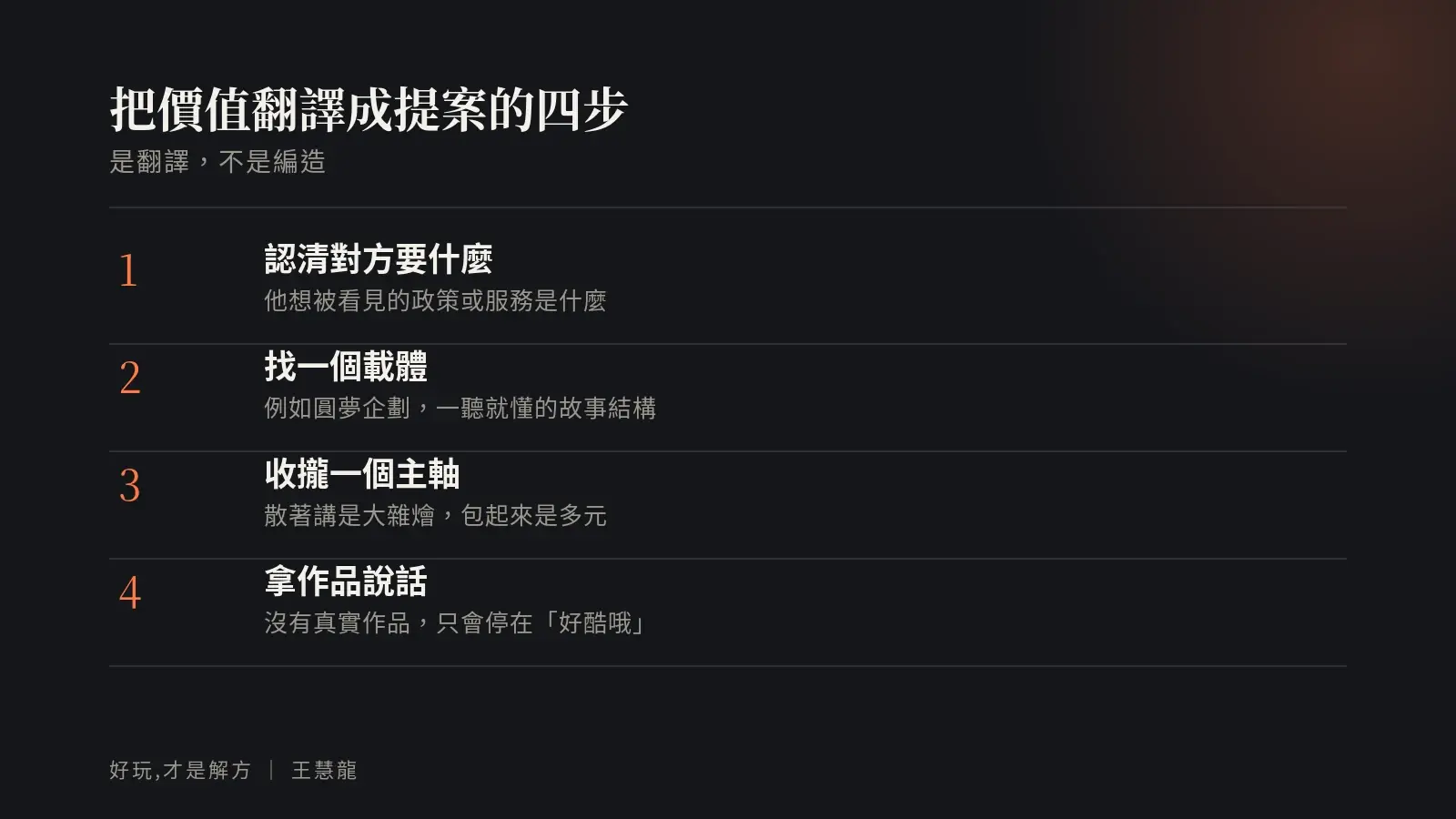 把價值翻譯成提案的四步：認清對方要什麼、找一個載體、收攏一個主軸、拿作品說話