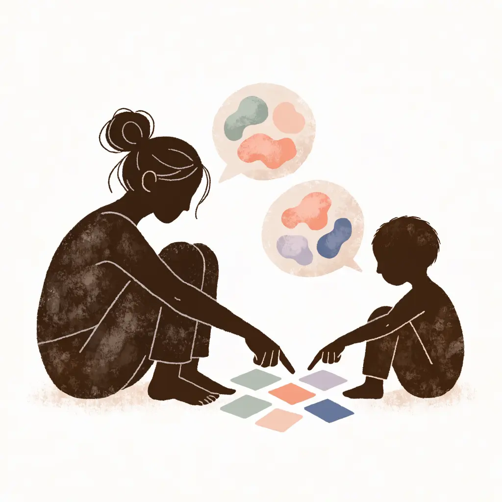 溫柔插畫：家長與孩子面對面坐在地板上指著卡片，對話框裡是柔軟的色塊，親子對話