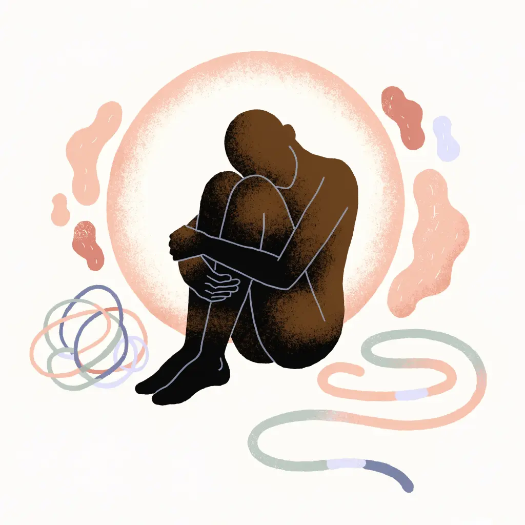 溫柔插畫：一個人抱膝坐在溫暖的光暈裡，糾結的線在身旁舒展成一條柔軟的線