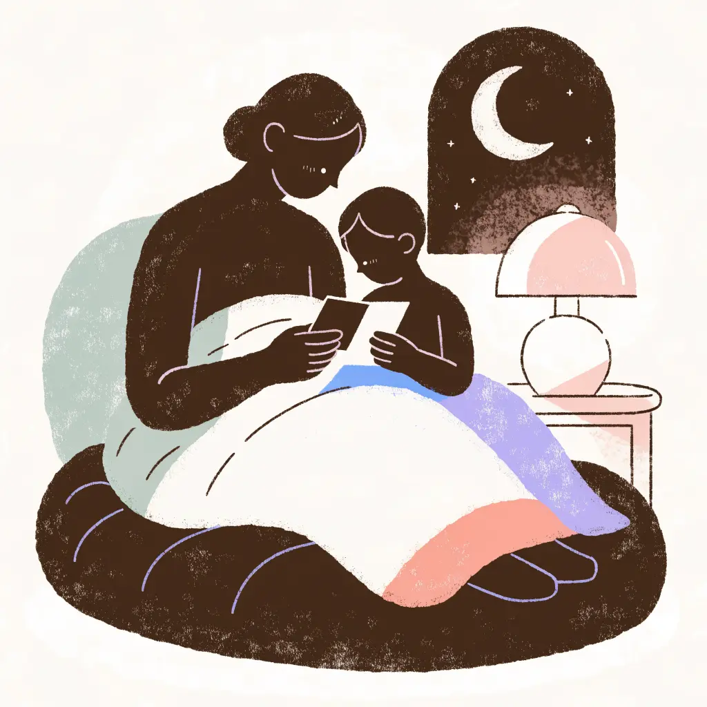 溫柔插畫：夜裡，家長與孩子窩在床上各拿一張卡，在月光與燈光下輕聲聊天