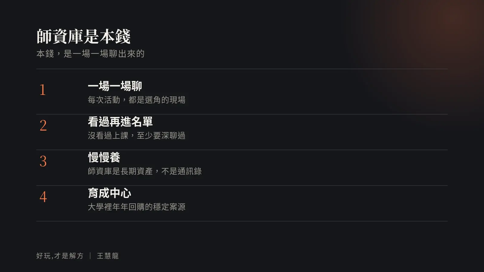 師資庫是一場一場聊出來的本錢,育成中心是大學裡年年回購的穩定案源