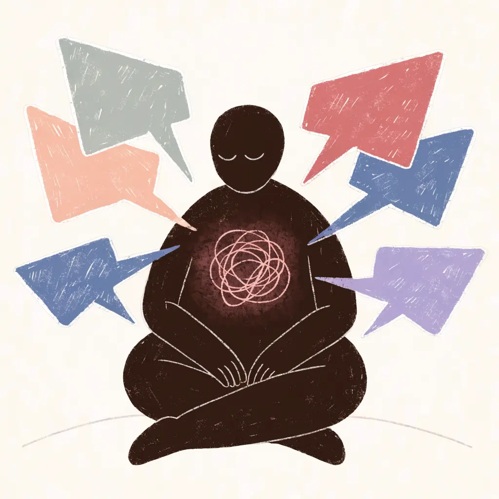 溫柔插畫：一個人盤坐著，胸口有一團糾結的線，四周是逼近的對話框
