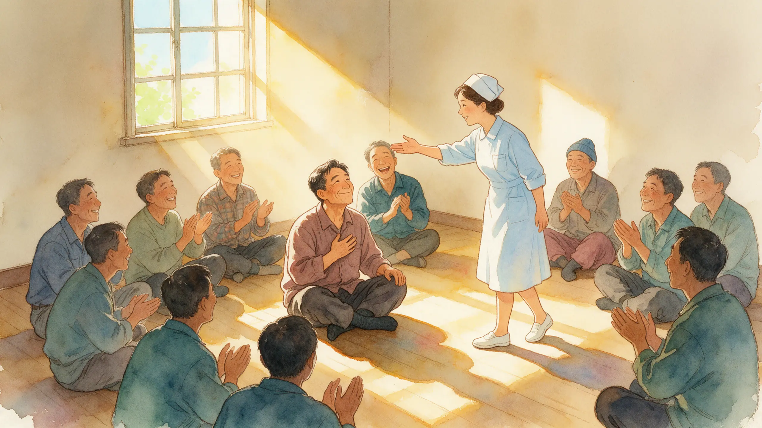 護理師伸手邀請圈中一位男士，像在叫他的名字，他手按胸口露出驕傲的笑，其他人為他拍手