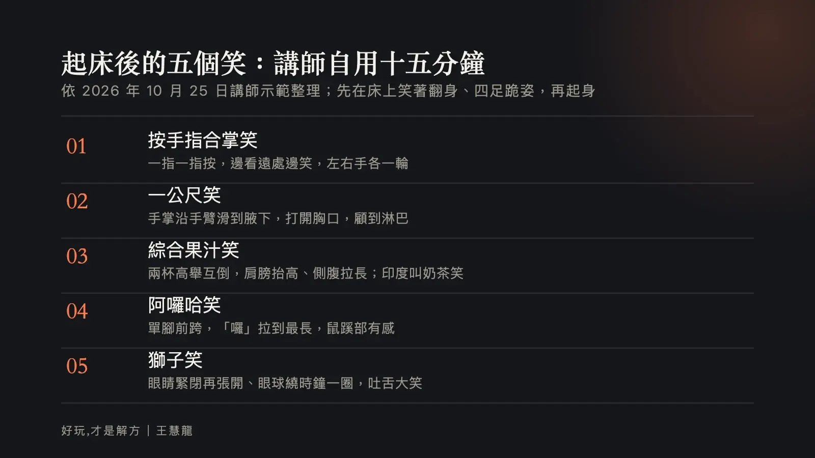 資訊圖：講師每天起床後自用的五個笑，按手指合掌笑、一公尺笑、綜合果汁笑、阿囉哈笑、獅子笑。