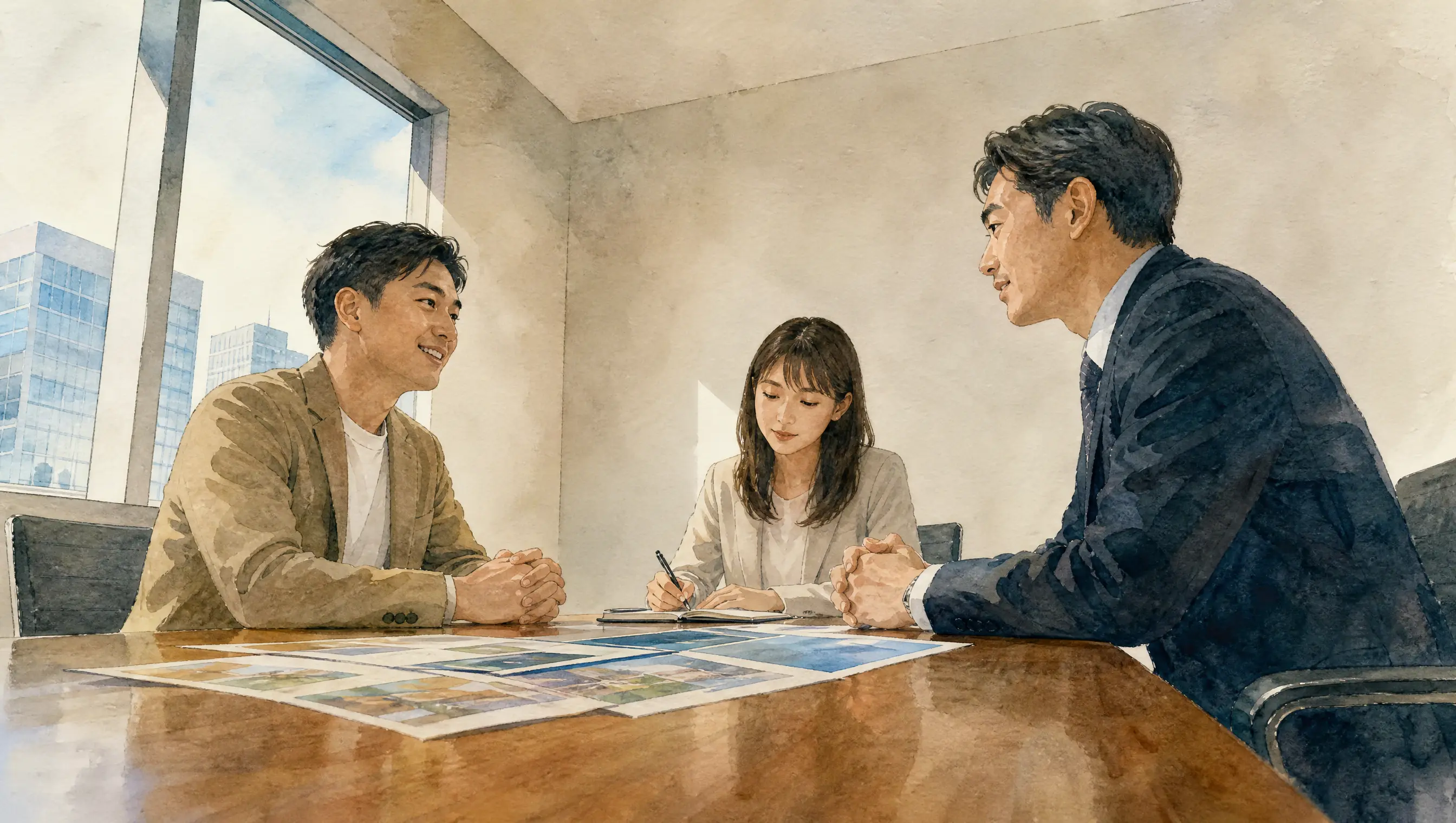 秋葉原辦公室的小會議室裡,台灣訪談者、口譯與 BCC 的經理隔著木桌對談,桌上攤著介護レク的 DM