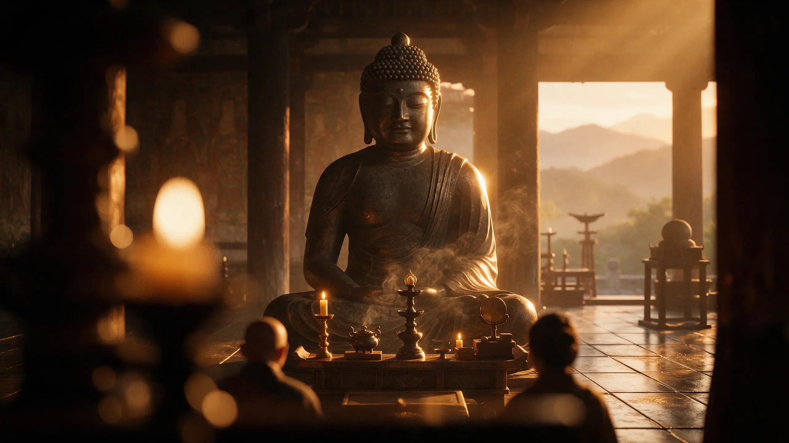 昏暗古寺裡的飛鳥大佛,夕光從門外照進來,香煙裊裊,前方有人靜靜參拜