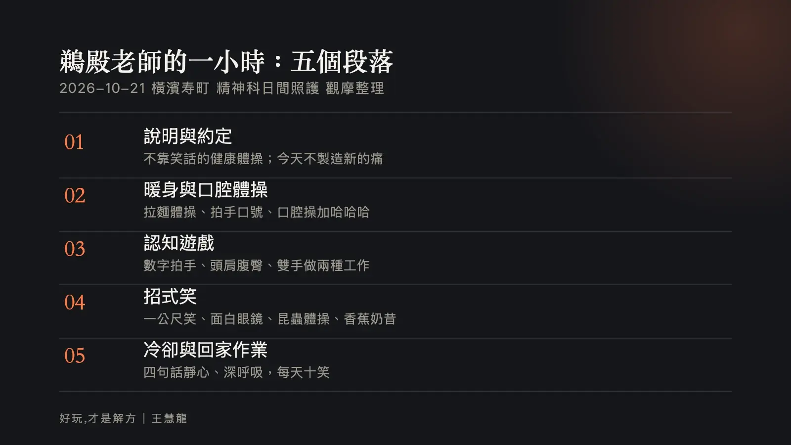 資訊圖：鵜殿老師一小時笑瑜伽課的五個段落，從說明與約定、暖身口腔體操、認知遊戲、招式笑到冷卻與回家作業