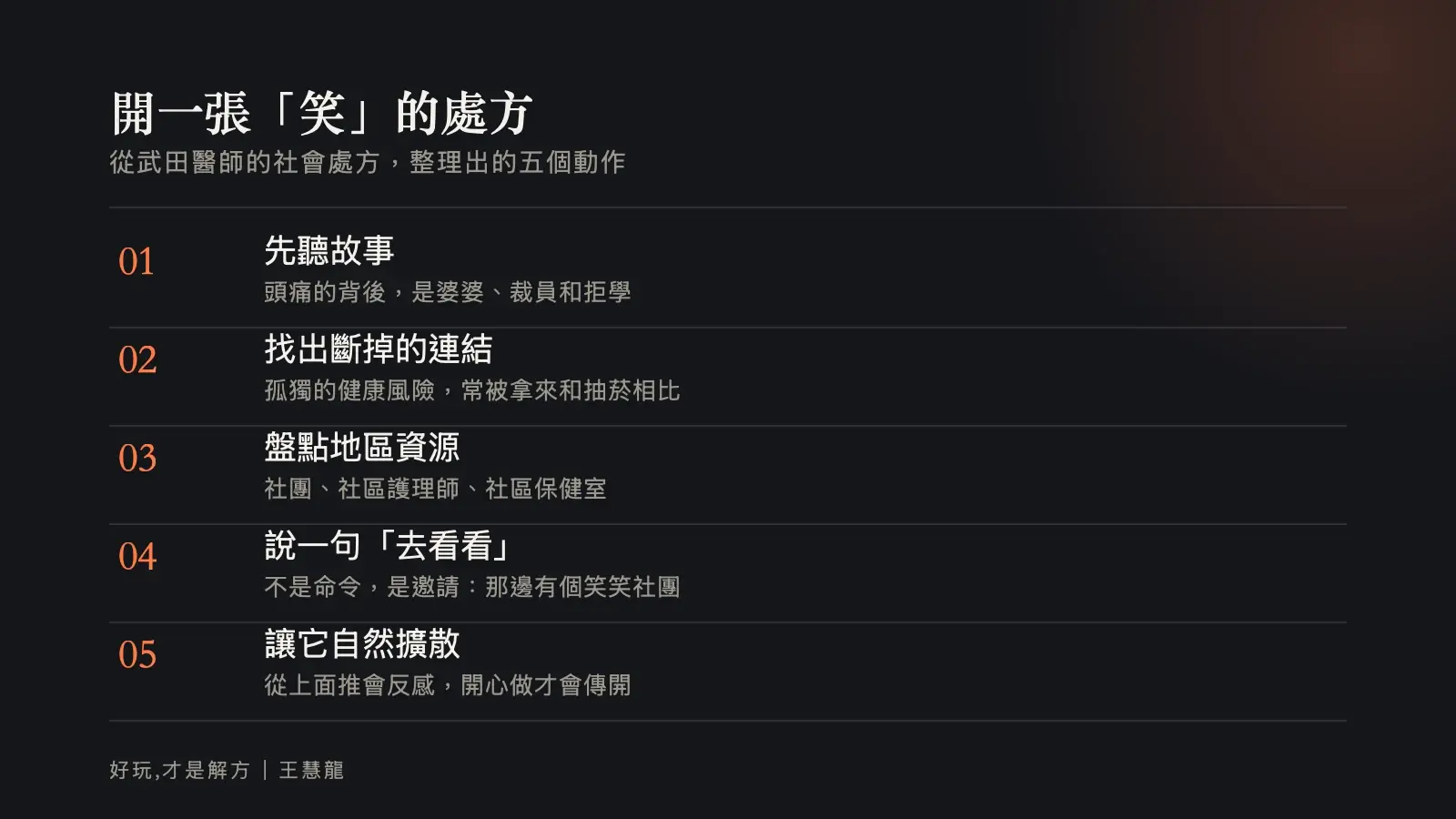 資訊圖:開一張笑的處方的五個動作。先聽故事、找出斷掉的連結、盤點地區資源、說一句去看看、讓它自然擴散