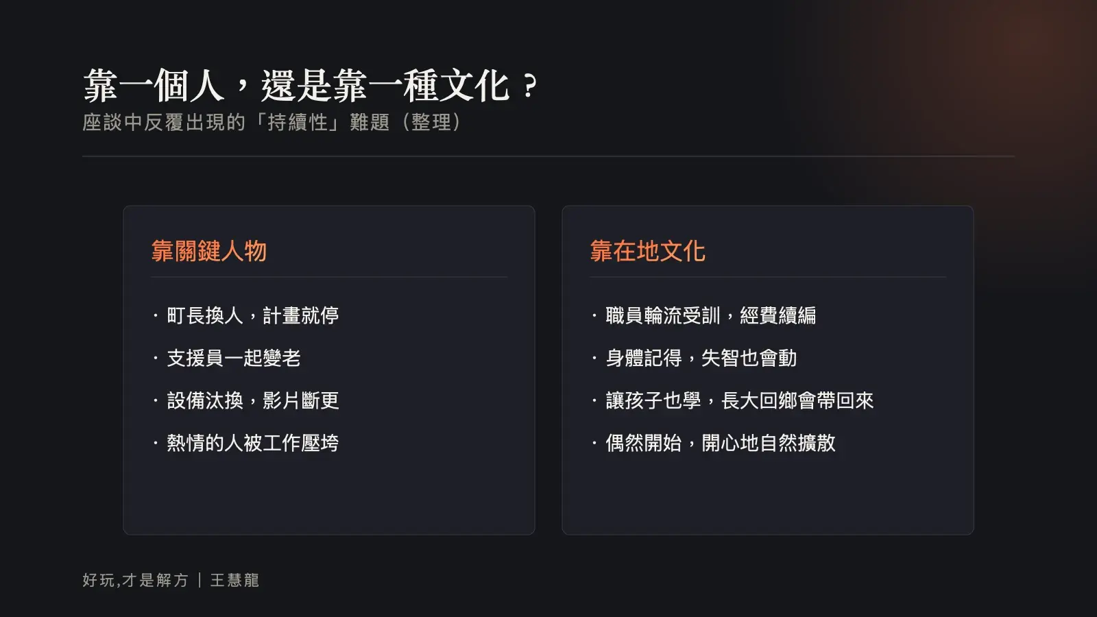 資訊圖：社區笑的活動靠關鍵人物與靠在地文化的對照，前者町長換人就停、後者讓孩子也學、身體會記得