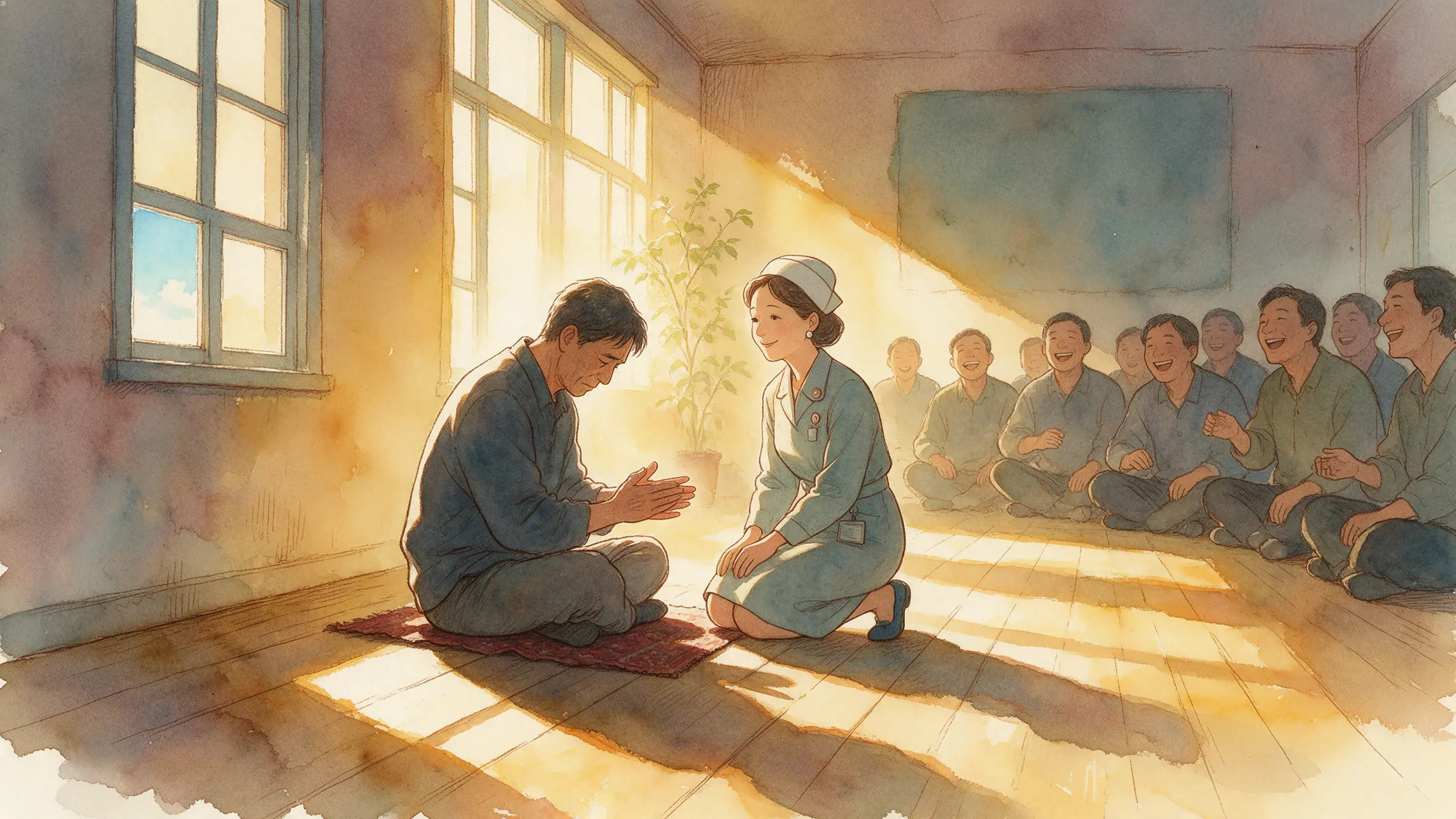 一位低著頭的男士坐在笑笑瑜伽圈的邊緣只輕輕拍手，護理師跪坐在旁溫和陪伴，其他人在後方笑著