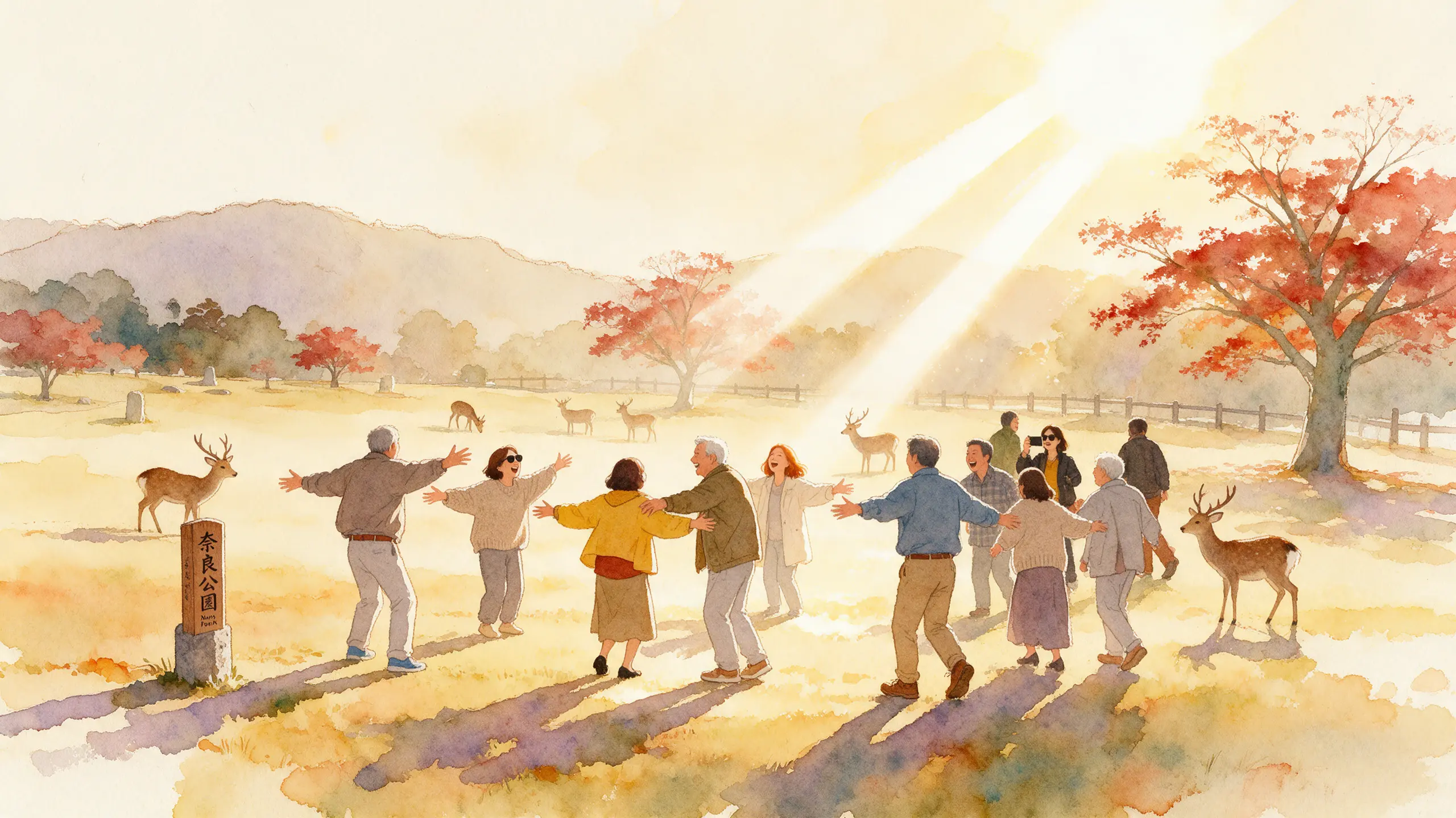 秋天早晨的奈良公園草地，紅葉與小鹿旁，一群大人和長輩圍成圈張開雙臂大笑