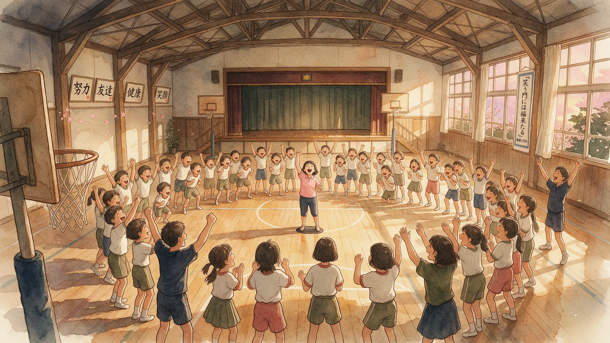 日本小學體育館裡，孩子們和老師圍成大圓圈，高舉雙手一起大笑
