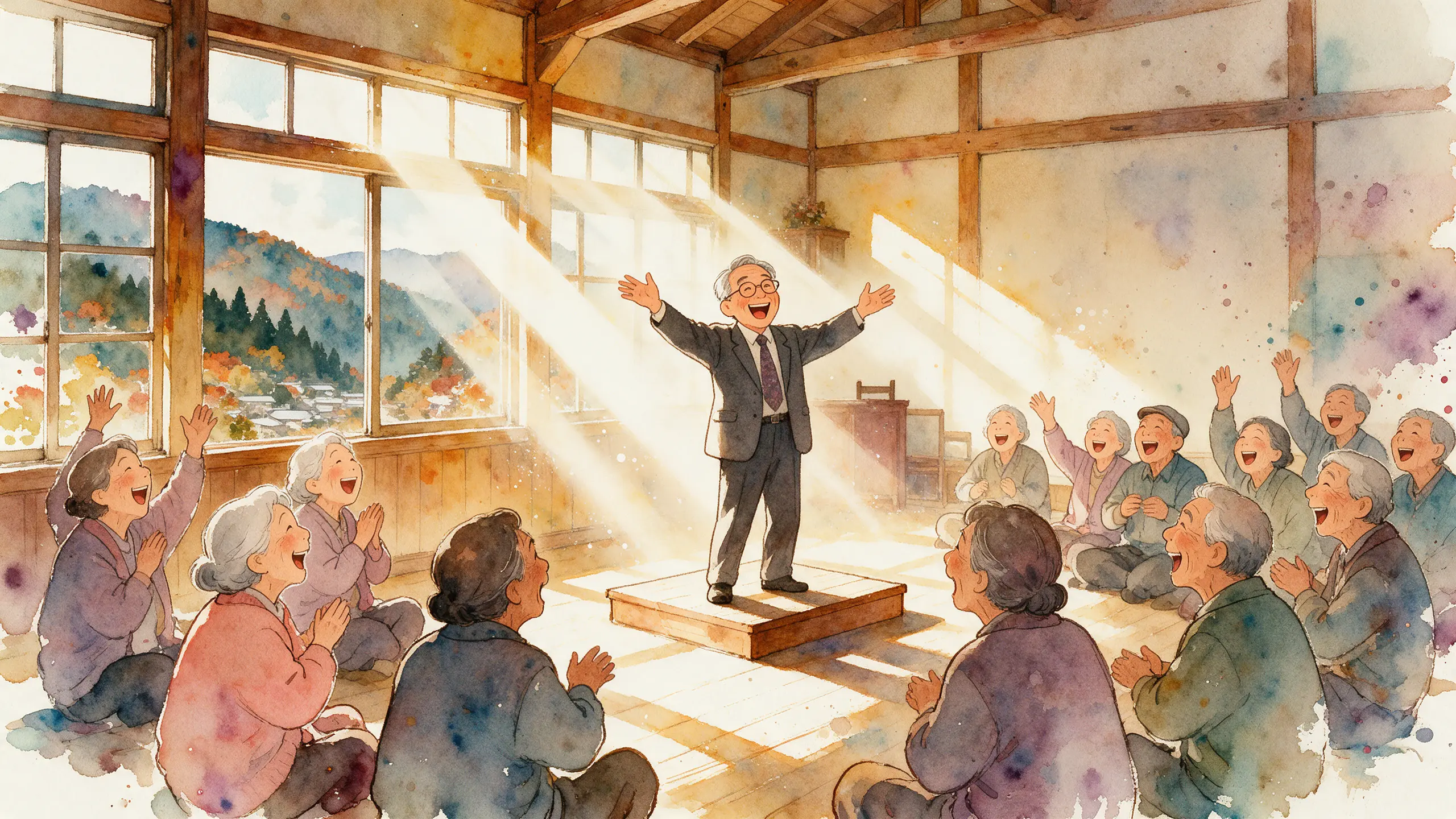 奈良吉野山間的木造社區活動中心裡，一位戴圓眼鏡的白髮醫師張開雙臂大笑，帶著長輩們一起做笑的運動，窗外是秋天的杉林山景