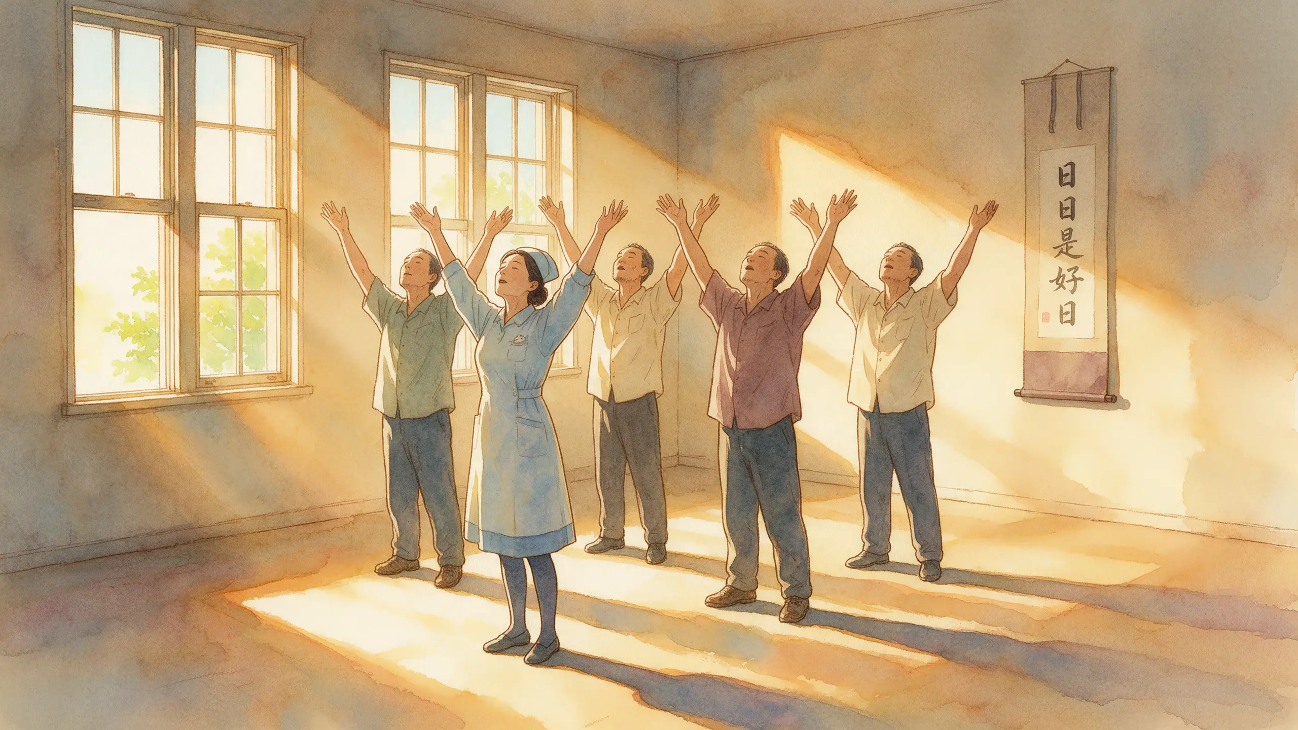 護理師與病友們站在陽光裡，雙手高舉、閉眼一起深呼吸