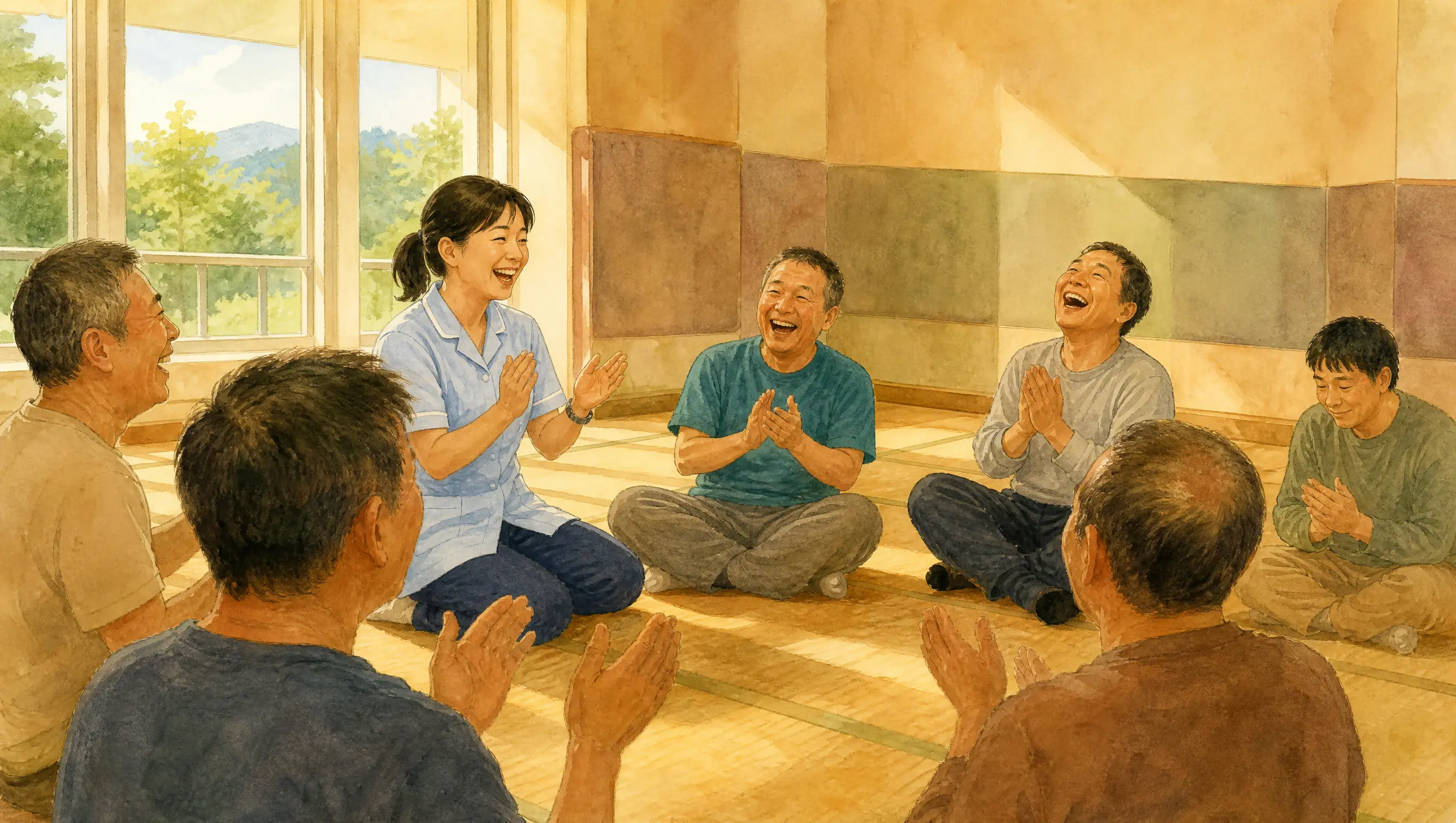日本醫院隔音大廳裡，護理師帶著一圈中年男性病友圍坐拍手做笑笑瑜伽，角落一位男士只輕輕拍手、靦腆微笑