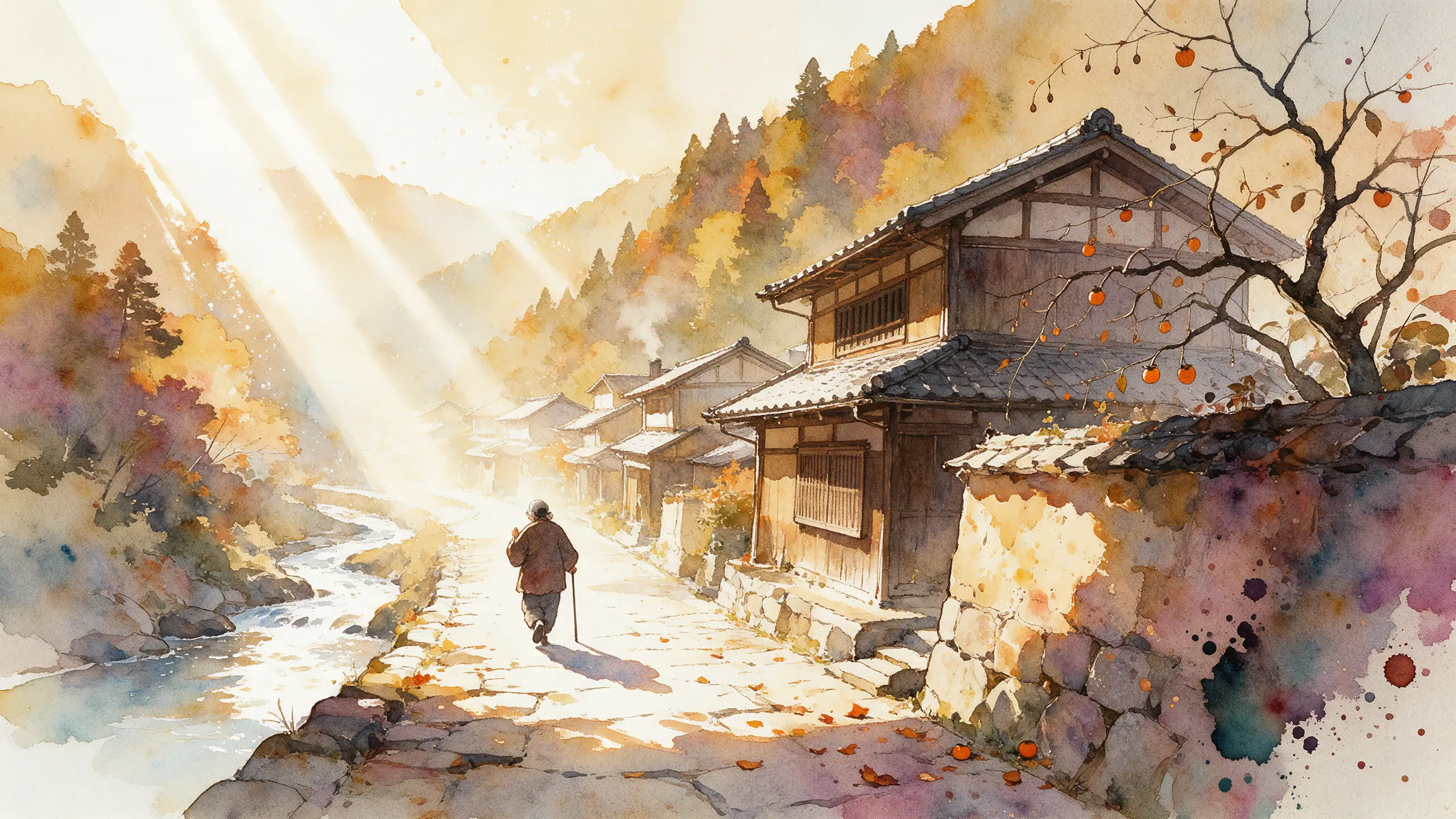 秋天的奈良吉野山間小鎮，河谷旁的老木屋與柿子樹，一位拄著拐杖的長輩獨自走在空蕩的石板路上