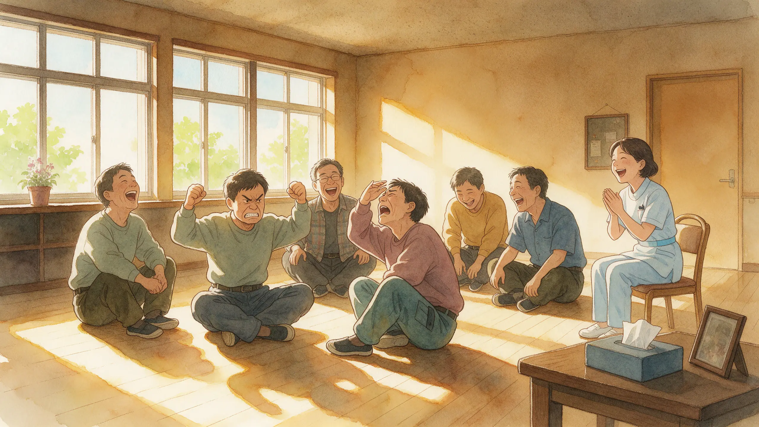 病友們玩情緒切換遊戲：有人握拳假裝生氣、有人假哭，旁邊的人笑成一團，護理師在一旁拍手帶領