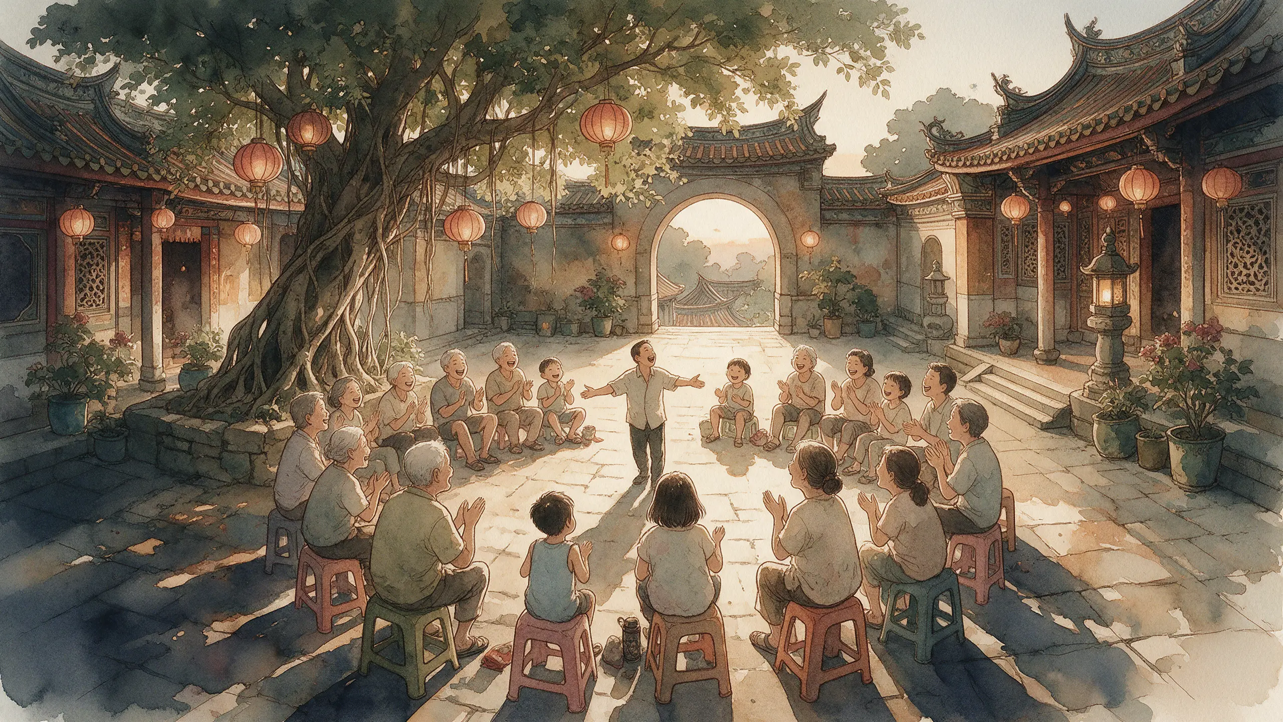 台灣廟埕的榕樹下，阿公阿嬤、父母和孩子坐在塑膠椅上圍成一圈，跟著帶領者一起拍手大笑