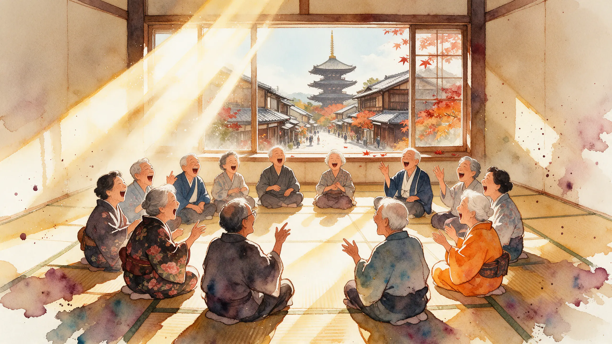 日本社區活動中心的榻榻米大房間裡,十幾位長輩圍成一圈開懷大笑,窗外是秋天的奈良街景與五重塔