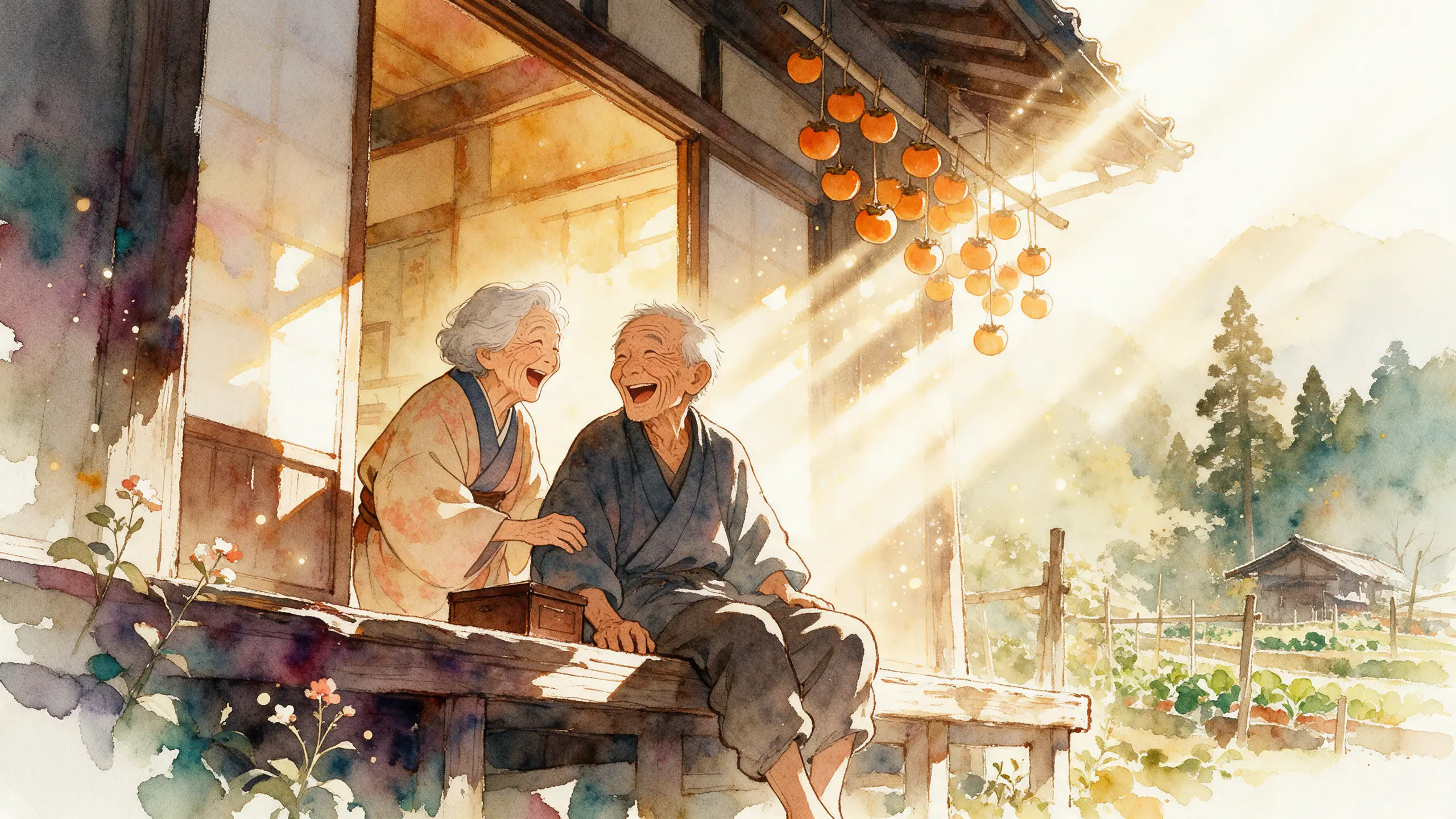 吉野山間農家的簷廊下，一對九十多歲的老夫妻並肩坐著大笑，屋簷掛著曬乾的柿子，遠處是杉林