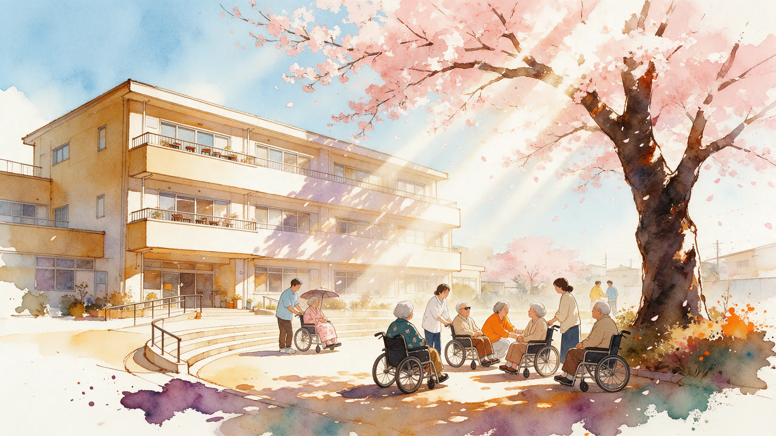 水彩插畫:東京郊外一棟有寬陽台的特養建築,旁邊大櫻花樹盛開,坐輪椅的長輩和穿便服的職員在樹下賞花。