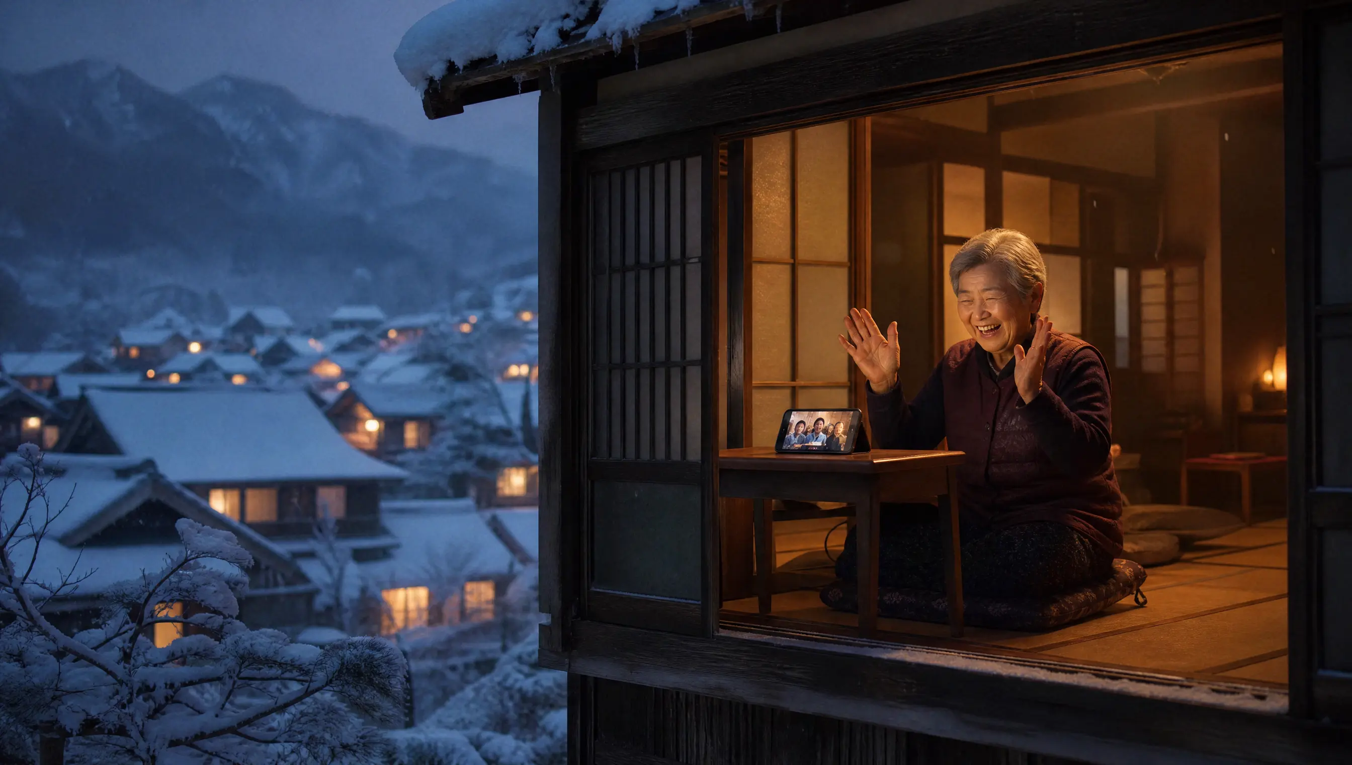 雪夜的日本山間小鎮，一位獨居老奶奶坐在暖黃燈光的和室窗邊，對著桌上小小的視訊電話螢幕舉起雙手大笑