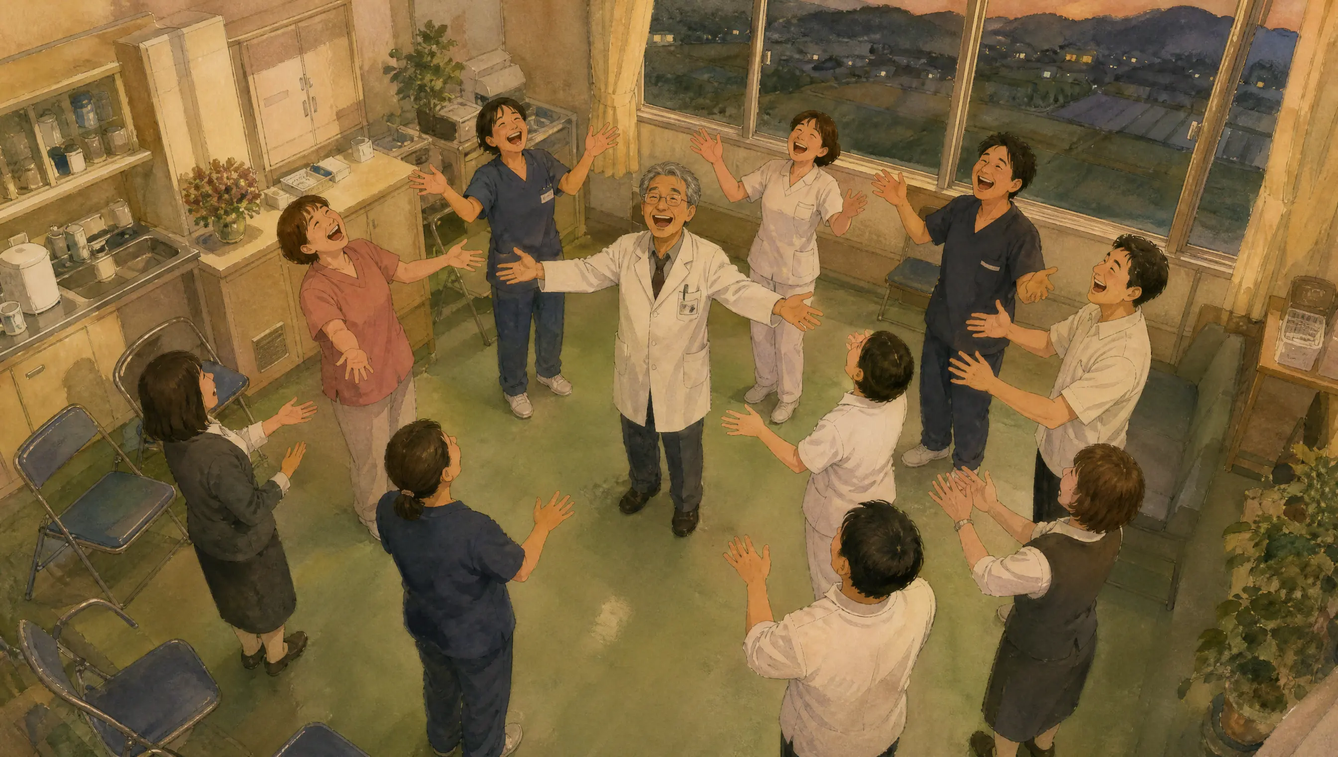 日本地方醫院的員工休息室裡，一位白袍老醫師帶著護理師與職員圍成一圈，張開雙臂一起大笑做笑笑瑜伽