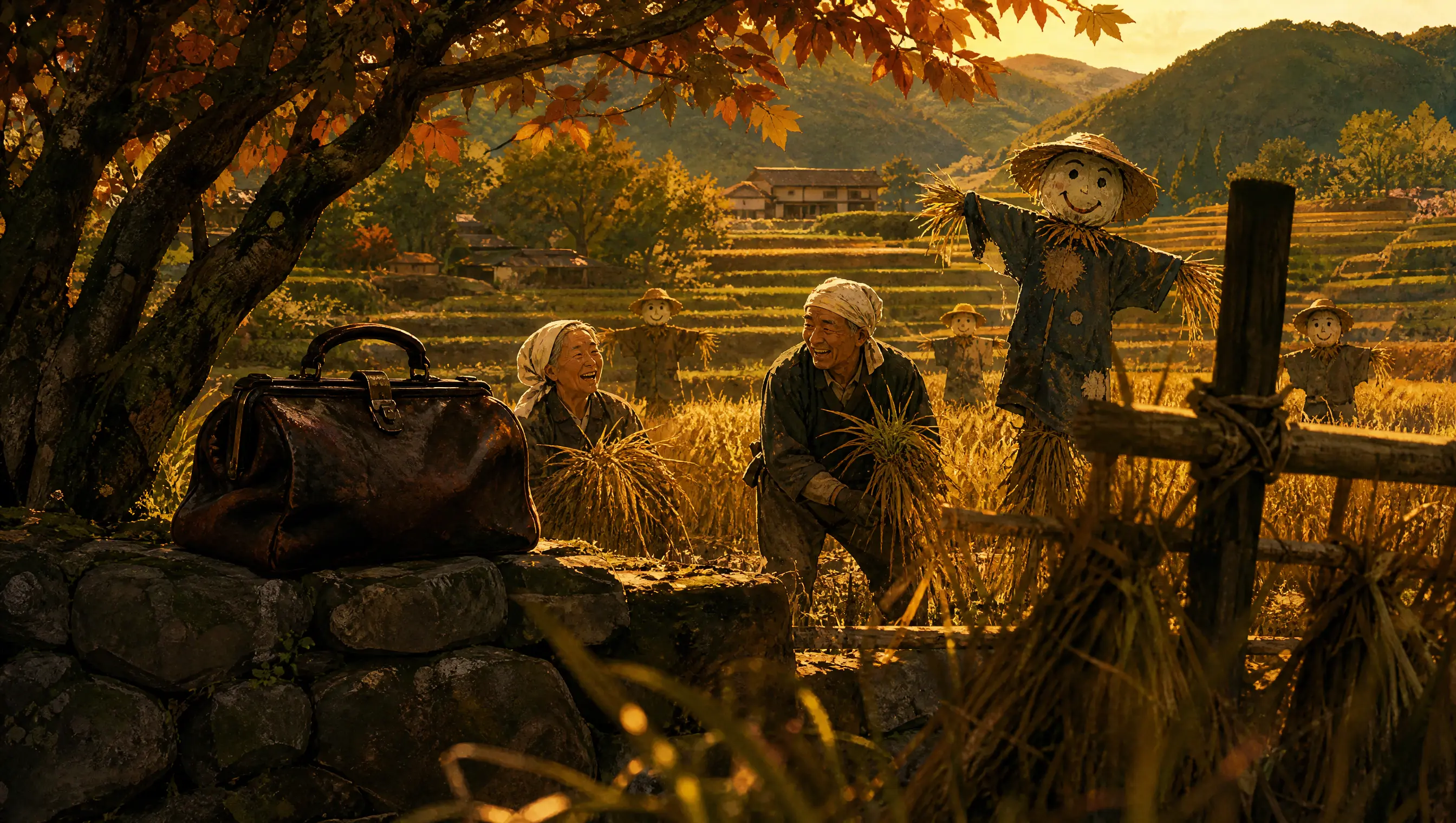 秋天傍晚的明日香村梯田，稻草人笑著站在金黃稻田裡，一對老夫婦邊收割邊大笑，石牆上放著一只老舊的出診皮包