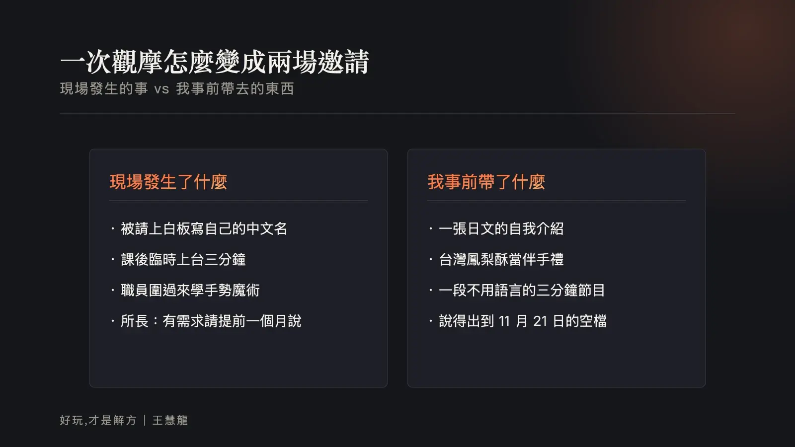 資訊圖：一次觀摩怎麼變成兩場邀請，左邊是現場發生的事，右邊是事前帶去的東西